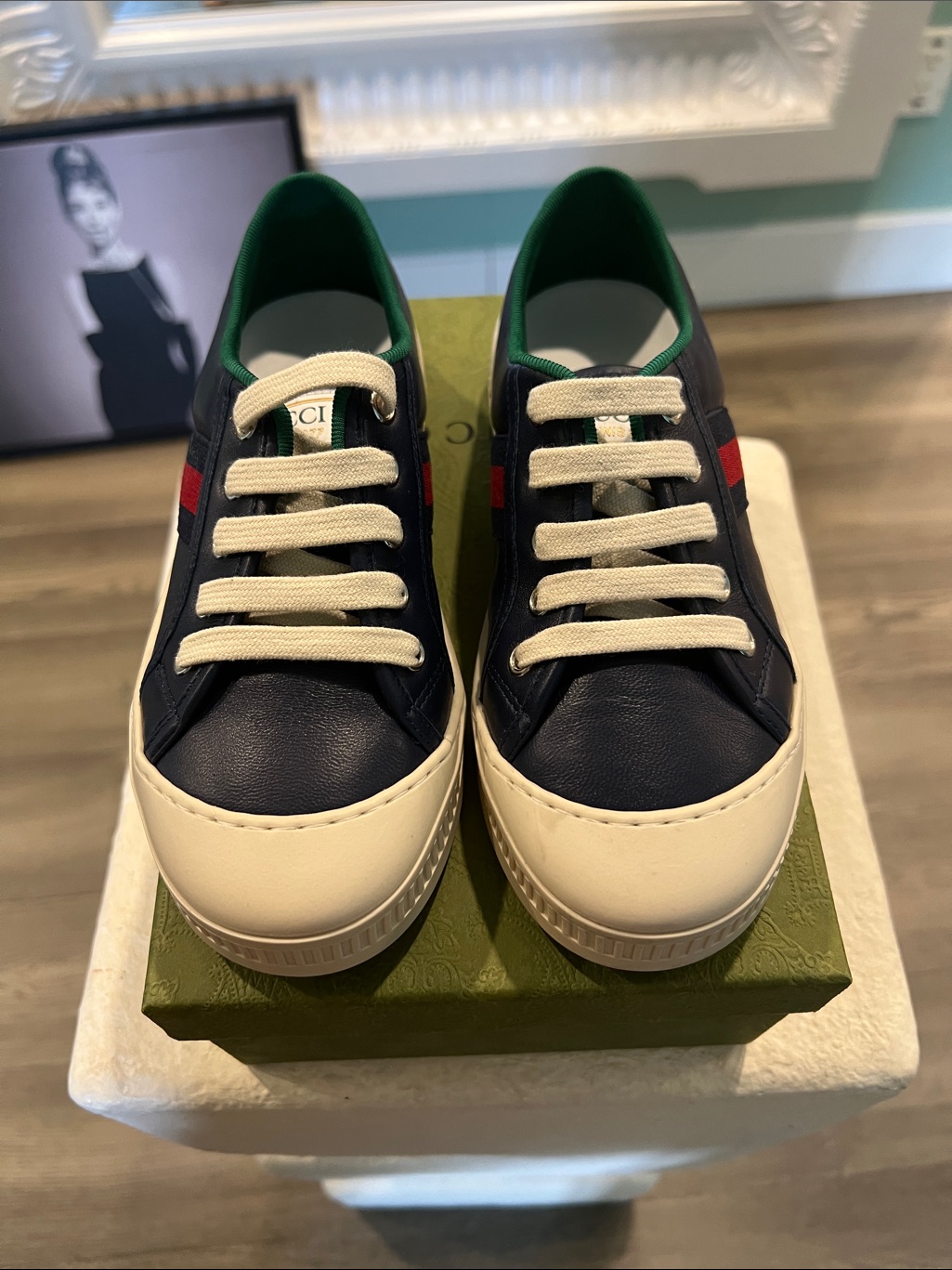 Gucci Navy Leather Sneakers With Red & Green Web And Cream Accents